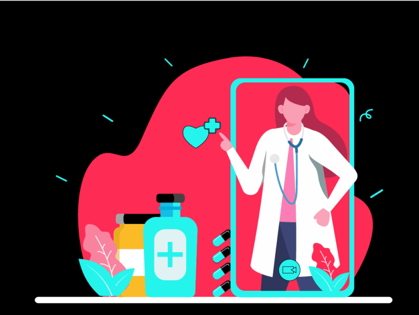 illustration of doctor assisting with healthcare marketing on cellphone