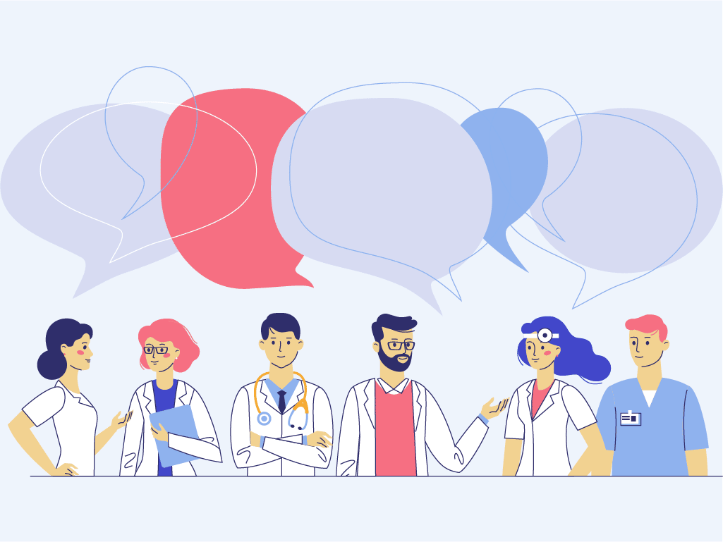 medical professionals with dialogue clouds above their heads