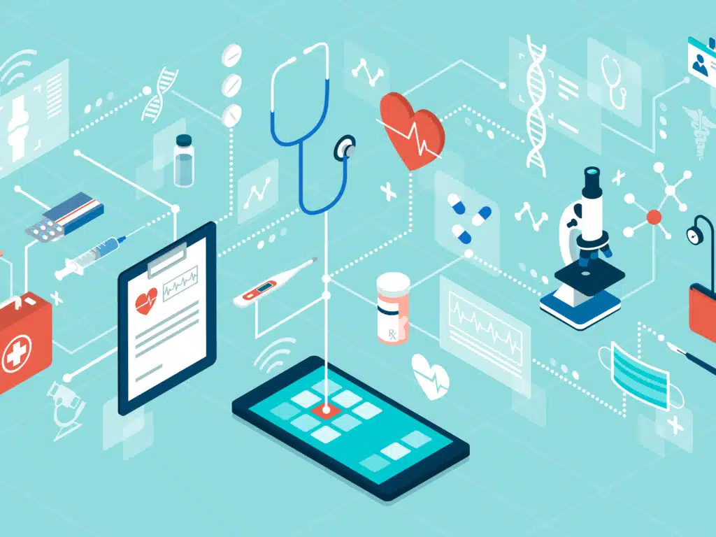 healthcare icons are displayed above a smartphone