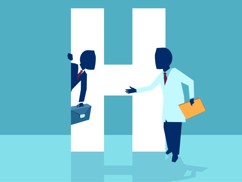 an illustration of a doctor welcoming a patient. the patient stands behind a door frame shaped like an H for healthcare