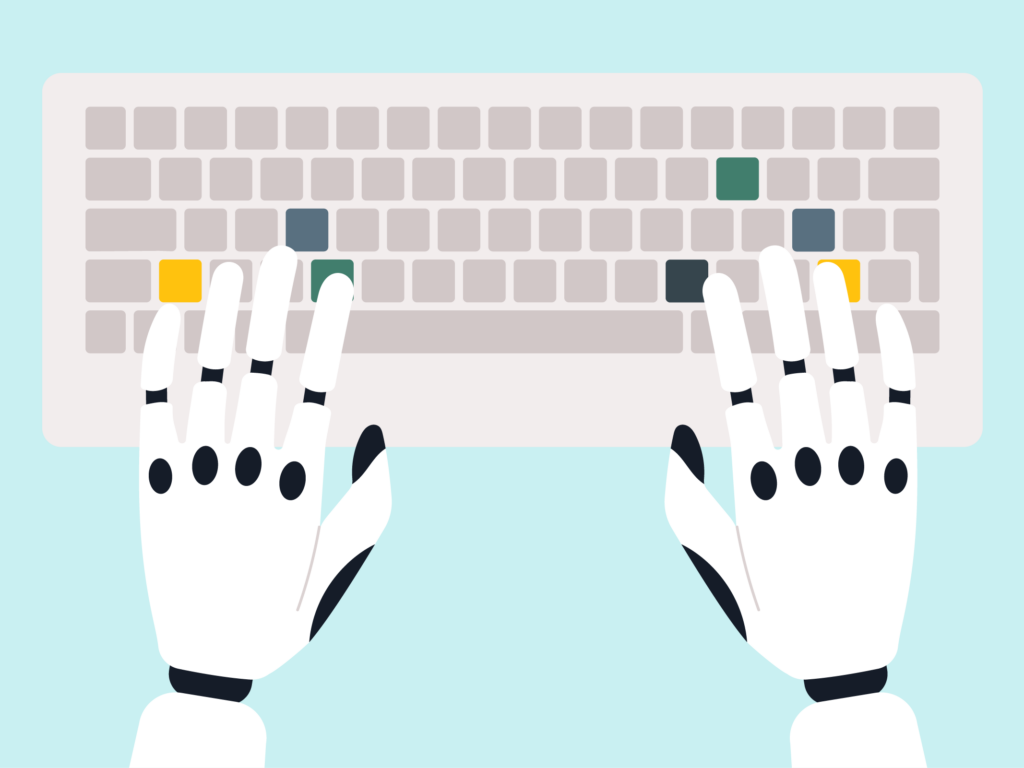an illustration of robotic hands using a computer keyboard