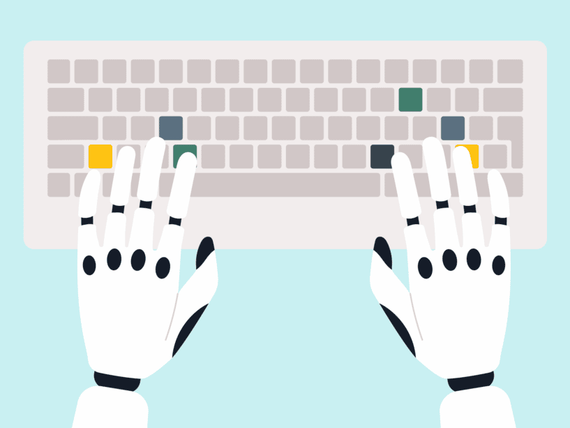 an illustration of robotic hands using a computer keyboard