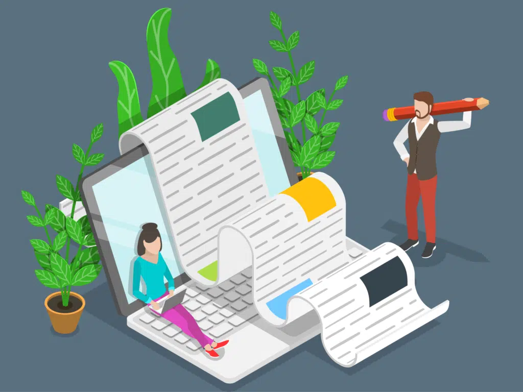 an illustration of a laptop with a long manuscript draped over it representing a blog post