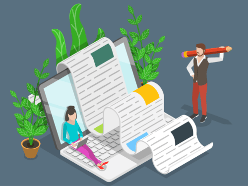 an illustration of a laptop with a long manuscript draped over it representing a blog post