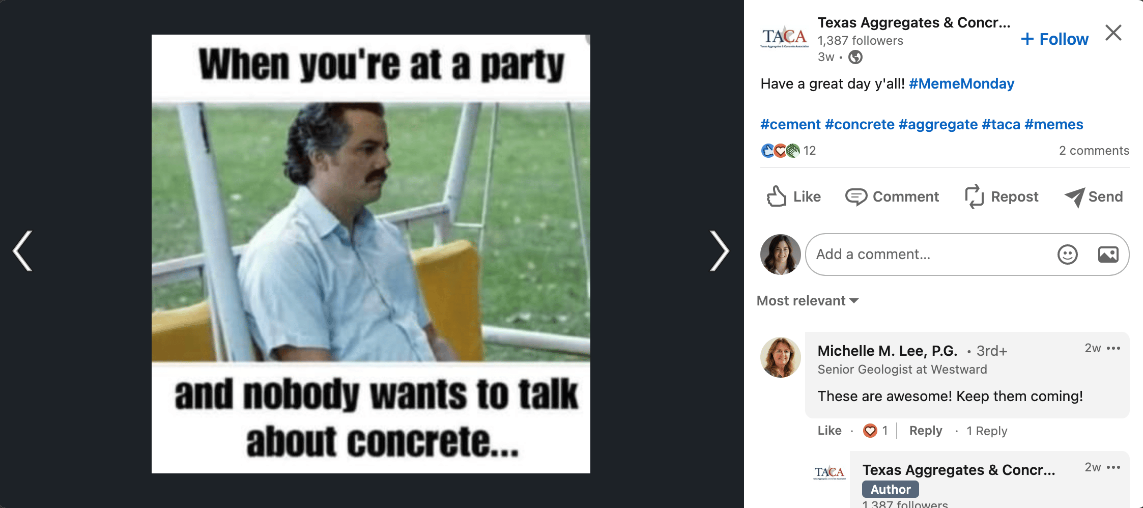 screen shot of meme. a man sits alone on a bench looking sad. words around him read: when you're at a a party and no one wants to talk about concrete.