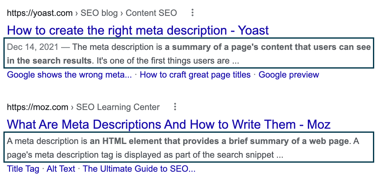 search engine results page with meta descriptions identified by a green box