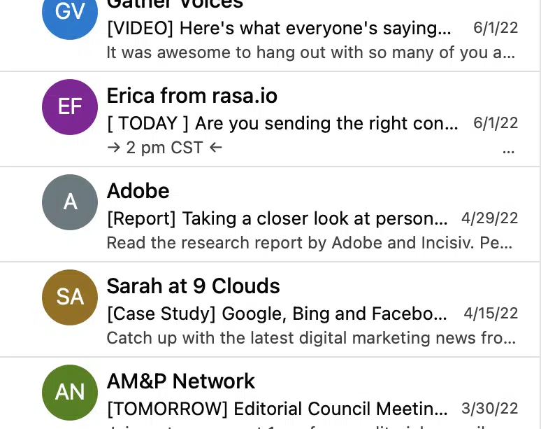 image of an email inbox with subject lines using brackets