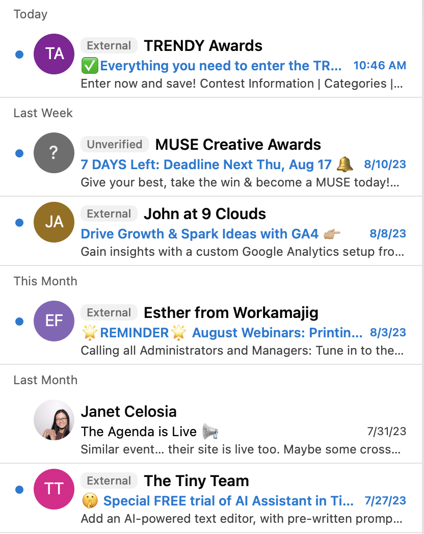 email inbox featuring subject lines using emoji